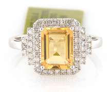 Wonderful White Gold Emerald Cut Citrine and Diamond Ring