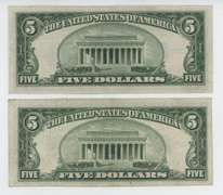 2 Crisp Uncirculated 1934 Series $5 Blue Seal Silver Certs