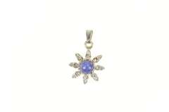14K White Gold Retro Syn. Star Sapphire Diamond Flower Halo Pendant