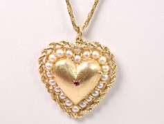 Ravishing Ruby and Pearl Locket Pendant Necklace in 14K Yellow Gold