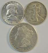 1947-D 50c, 1953-D 50c, and 1878-S Morgan Silver Dollar
