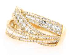 Dramatic Yellow Gold Round and Baguette Diamond Crossover Ring