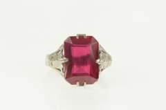 10K White Gold Art Deco Syn. Ruby Filigree Statement Ring