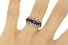 14K White Gold Garnet Amethyst Diamond Statement Band Ring