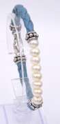 Set of Sky Blue Leather and Pearl Bracelet with Matching Necklace