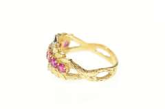 10K Yellow Gold Retro Syn. Ruby Diamond Floral Petal Band Ring