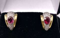 Tasteful Rubellite Tourmaline and Diamond Earrings in 18K Two-Tone Gold