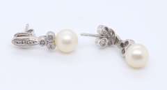Elegant White Gold Pearl and Bezel Set Diamond Earrings
