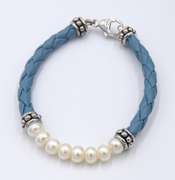 Set of Sky Blue Leather and Pearl Bracelet with Matching Necklace