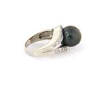 Fantastic White Gold Black Tahitian Pearl and Diamond Swirl Ring