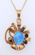 Vintage Yellow Gold Opal and Sapphire Pendant on Chain