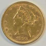 Lustrous 1893 US $5 Liberty Gold Piece in AU