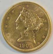 Flashy Better date 1905-S US $5 Liberty Gold Piece. BU