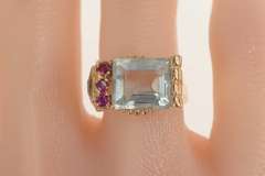 14K Yellow Gold 5.86 Ctw Aquamarine Ruby 1930's Statement Ring