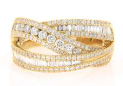 Dramatic Yellow Gold Round and Baguette Diamond Crossover Ring
