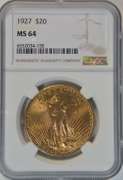 Blazing near Gem BU 1927 St. Gaudens $20 Gold. NGC MS64