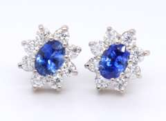 Attractive White Gold Blue Sapphire and Diamond Cluster Dangle Earrings