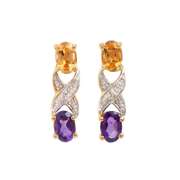 Plated 18KT Yellow Gold 1.62cts Amethyst Citrine and Diamond Earrings