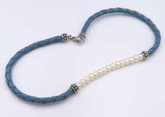 Set of Sky Blue Leather and Pearl Bracelet with Matching Necklace