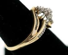 Alluring Diamond Cluster 10k Gold Ring with Channel Set Baguette and Round Diamonds