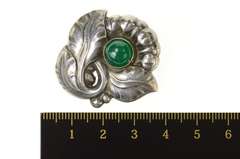 Sterling Silver Georg Jensen Green Agate Ornate Leaf 71 Pin/Brooch