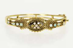 14K Yellow Gold Ornate Diamond Opal Statement Bangle Bracelet