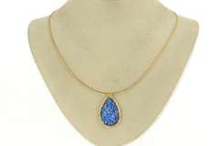 14K Yellow Gold Pear Blue Druzy Quartz Woven Tube Chain Necklace
