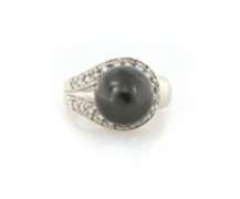 Fantastic White Gold Black Tahitian Pearl and Diamond Swirl Ring