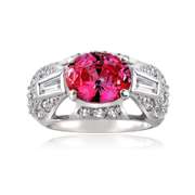 Sterling Silver Created Pink Sapphire and Simulated Diamond CZ baguette and Pave Filigree Ring