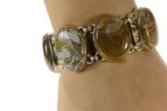 Sterling Silver Brown & White Agate Cabochon Ornate Chain Bracelet