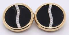 Fabulous Yellow Gold Black Onyx and Diamond Swirl Earrings