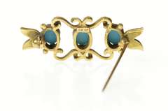 14K Yellow Gold Oval Turquoise Retro Leaf Scroll Bar Pin/Brooch