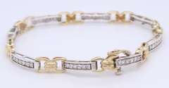 Handsome Two Tone Gold Diamond Tennis Bracelet Closed with a Push Button Tongue Style Box Clasp