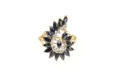 14K Yellow Gold Marquise Natural Sapphire Diamond Swirl Ring