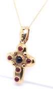 Graceful Yellow Gold Ruby and Sapphire Puffed Cross Pendant on Chain