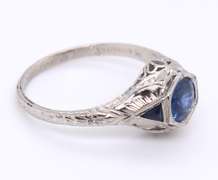 Antique Platinum Synthetic and Natural Sapphire Engraved Ring