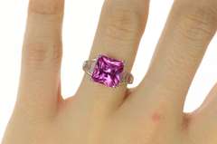 14K White Gold Square Princess Syn. Pink Sapphire Baguette Ring
