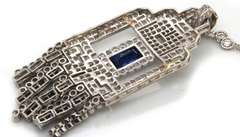 Vintage Sapphire and Diamond Art Deco Pendant on Chain