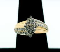 Diamond Cluster 10k Gold Ring Flanked with Round Diamonds