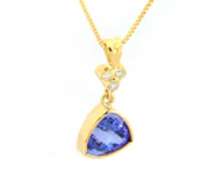 Attractive Yellow Gold Trillion Cuut Tanzanite and Diamond Pendant on Chain