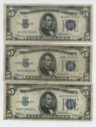 3 Scarce 1934 Series $5 Blue Seal Silver Cert STAR notes