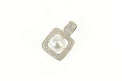 14K White Gold 2.70 Pave Diamond Pearl Square Statement Pendant