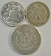 1947-D 50c, 1953-D 50c, and 1878-S Morgan Silver Dollar