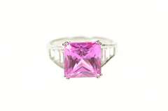 14K White Gold Square Princess Syn. Pink Sapphire Baguette Ring