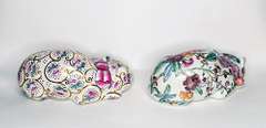 Vintage Chinoiserie Hand Painted Ceramic Cat Decorative Figures With Floral Pattern