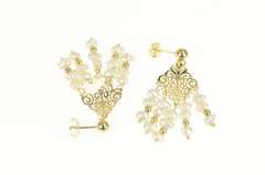 14K Yellow Gold Ornate Scroll Filigree Pearl Fringe Dangle Earrings