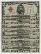 Lot of 11 Series of 1928 Small Size $5 Red Seal Notes