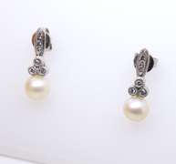 Elegant White Gold Pearl and Bezel Set Diamond Earrings