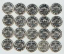 Choice BU Roll of 20 1963 Franklin Half Dollars. Flashy-white