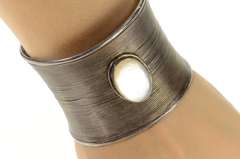 Sterling Silver Curved Mother Of Pearl Oval Statement Cuff Bracelet